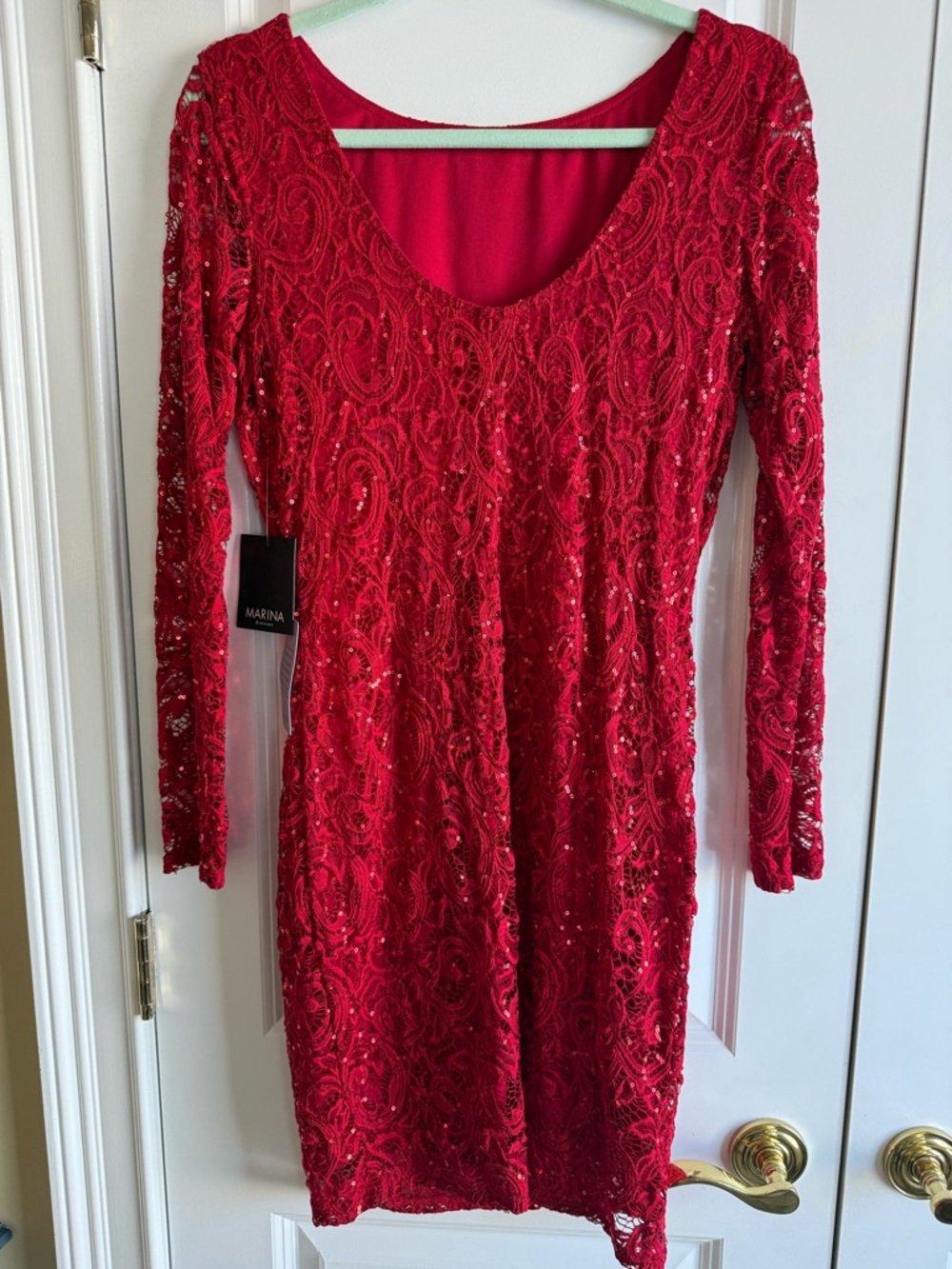 MARINA Red Long-Sleeve Sequin Lace Cocktail Dress, sz. 6, brand new with tags!